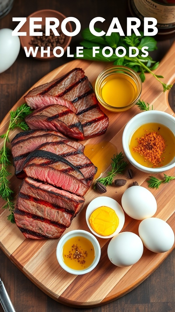 An assortment of zero carb whole foods including steak, salmon, eggs, and olive oil on a wooden cutting board.